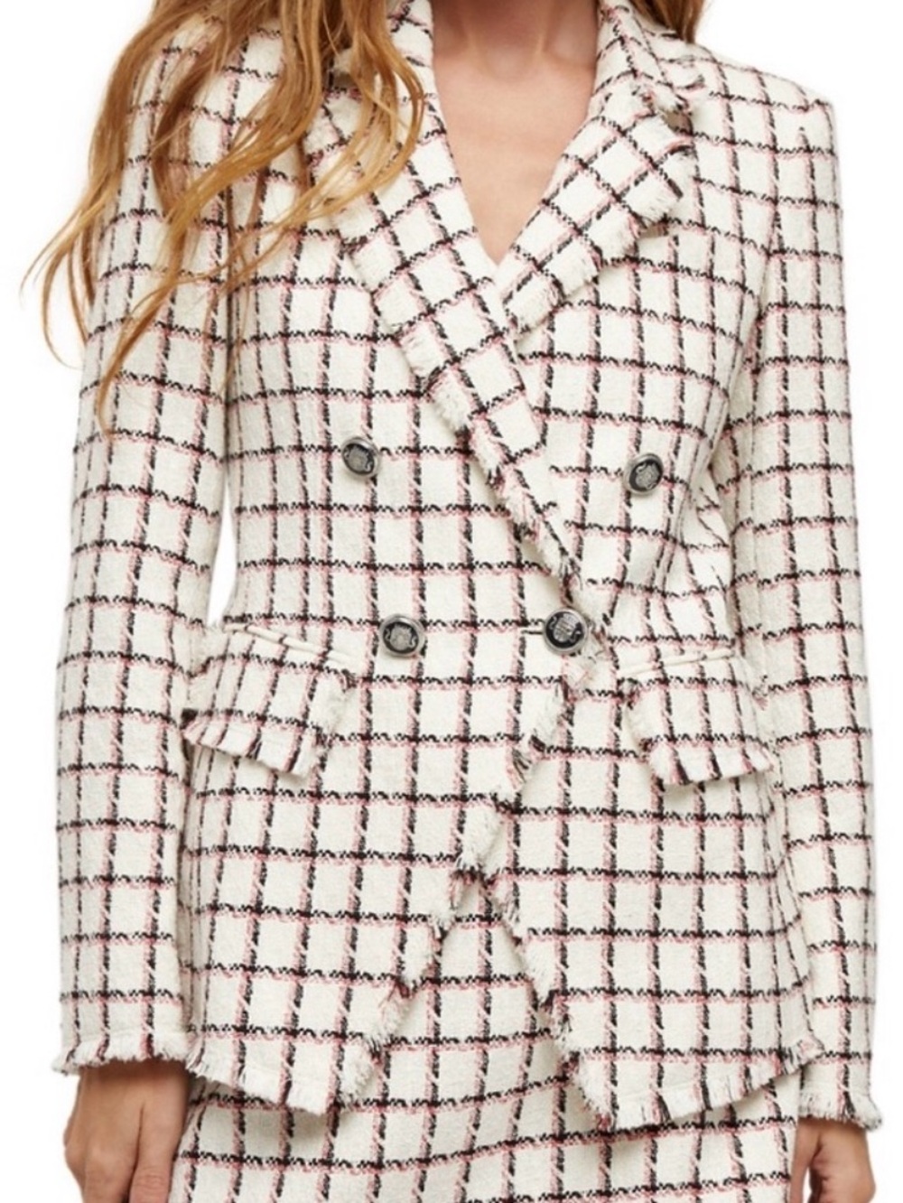 Veronica Beard Taja Double-Breasted Tweed Dickey Jacket Blazer in Ecru Plaid